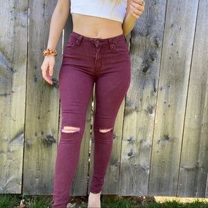 Just Black Mid Rise Maroon Distress Skinny Jeans